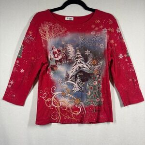 VTG Y2K Cactus Christmas Wishes Red Graphic Top Rhinestone Santa 3/4 Sleeve Med